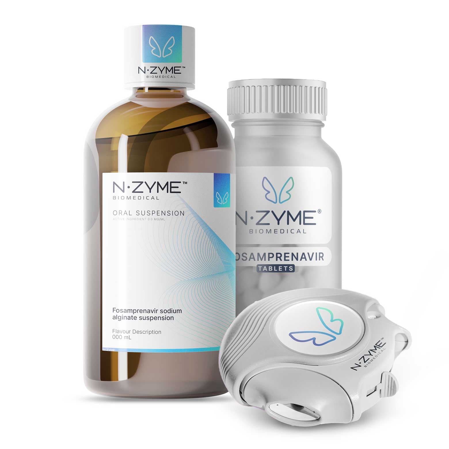 N-Zyme Biomedical pack shot with bottles, tablets, and inhaler