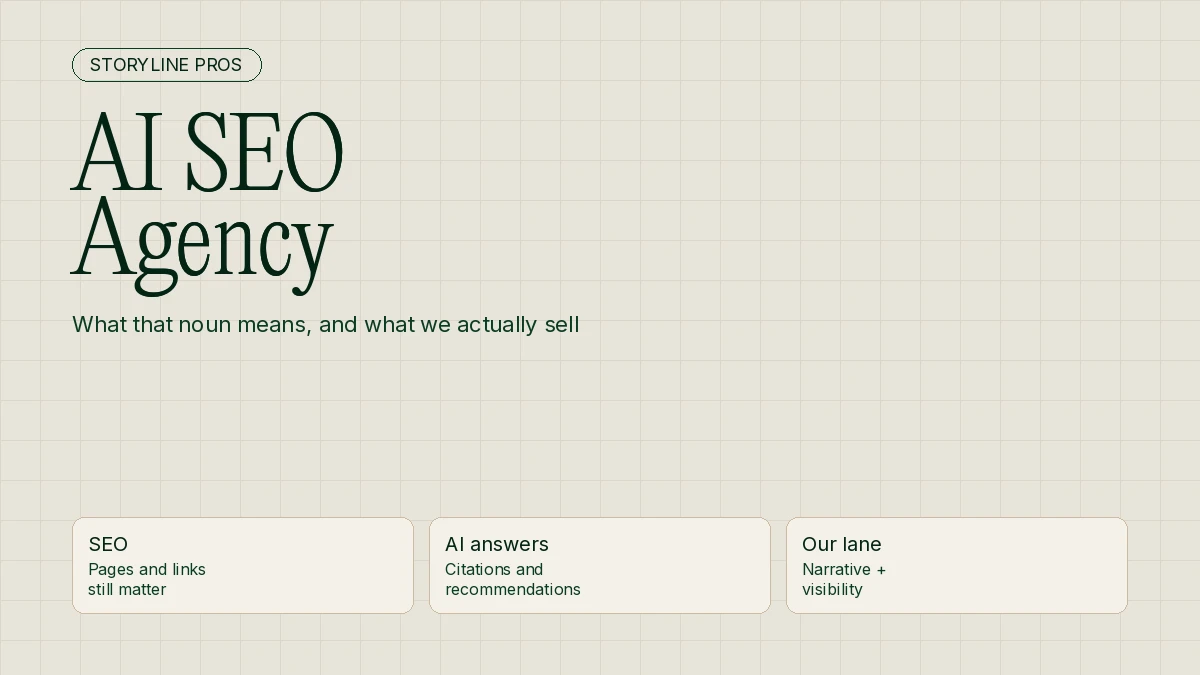 Cream Storyline Pros guide cover titled AI SEO Agency, with cards for SEO, AI answers, and our lane.